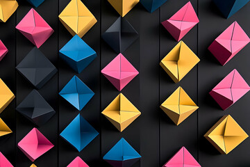 A vibrant arrangement of colorful geometric shapes on a black background.