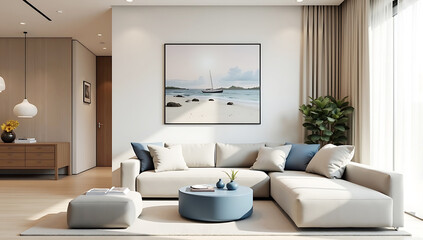 interior design of modern living room. Modern  white sofa with cushions and contemporary light blue  round coffee table