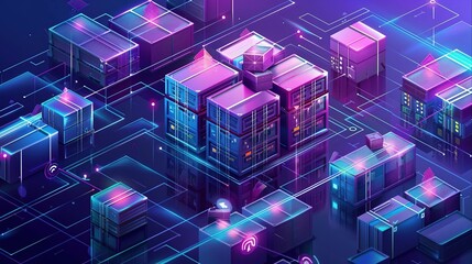 Abstract 3D digital city with glowing neon lines and geometric buildings