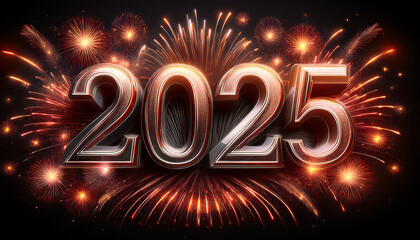 Metallic “2025” text surrounded by vibrant firework bursts, adding a grand and celebratory New Year’s touch.