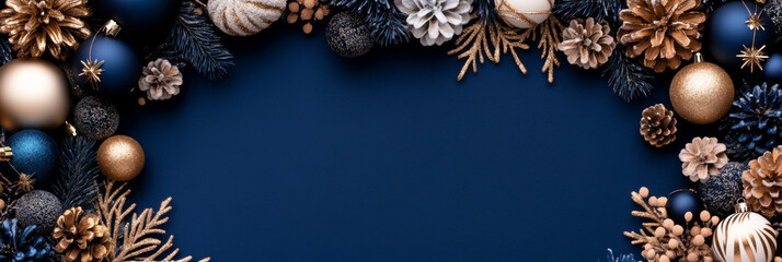 Elegant blue and gold Christmas ornaments and pine cones on a dark blue background.