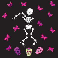 Cute skeleton dancing with sugar skull and pink butterfly. Vector illustration on black background.