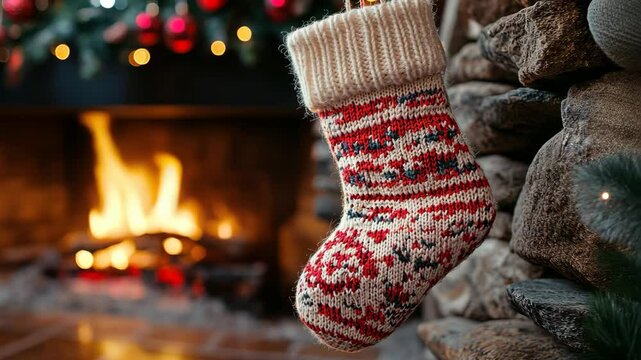 Close-up of a knitted stocking hanging by the fireplace, with soft woolen texture and intricate festive designs. . Video