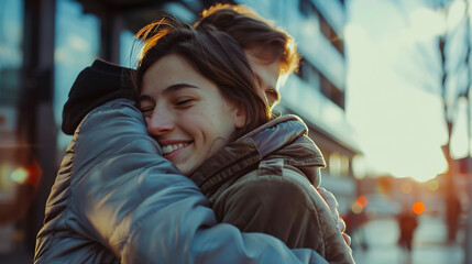Happy mother hugging her teenage son and rejoicing in their reconciliation after a complicated relationship