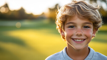 A joyful boy enjoys his golf training session, illuminated by the warm glow of sunset on the lush green course.