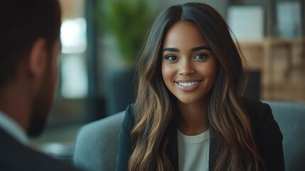 A manager interviews a candidate in a sleek office, showcasing a professional and engaging environment. Ideal for career growth.