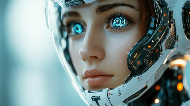 A closeup of a humanlike female android, showcasing advanced AI integration and a sleek design in soft daylight. - Powered by Adobe