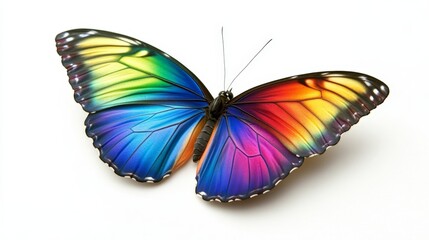 Obraz premium A rainbow butterfly, its wings an explosion of bright colors, flying across a pristine white backdrop, symbolizing joy and diversity