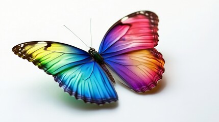 A rainbow butterfly with delicate wings that seamlessly shift from one color to another, floating on a white background
