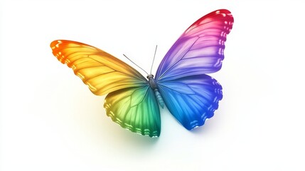 A rainbow butterfly with delicate wings that seamlessly shift from one color to another, floating on a white background