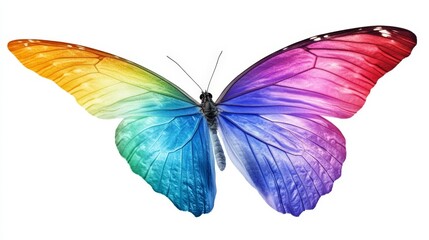 Obraz premium A rainbow butterfly with delicate wings that seamlessly shift from one color to another, floating on a white background