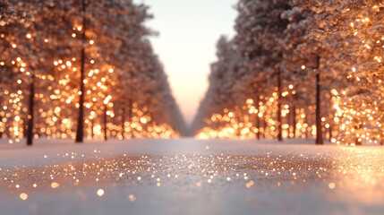 Sparkling lights illuminate a snowy forest path, creating a magical winter wonderland.