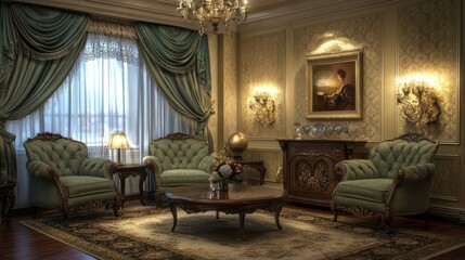 Naklejka premium Elegant Living Room with Vintage Decor and Soft Lighting