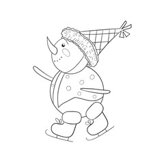 Vintage snowman in a vest and hat skates. Black and white vector hand drawn illustration. Christmas element for cards, print, banners and other design