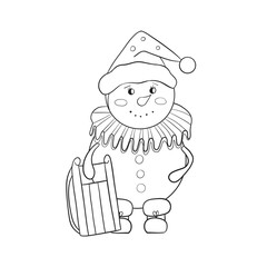 A vintage snowman in a frill, boots and a hat holds a sled. Black and white vector hand drawn illustration. Christmas element for cards, print, banners and other design