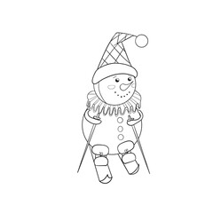 Vintage cute snowman in boots, jabot and hat skiing. Black and white vector hand-drawn illustration in cartoon style. Christmas element for cards, print, banners and other design