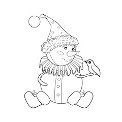 Vintage cute snowman in boots, frill and hat holding a cute bird. Black and white vector hand-drawn illustration in cartoon style. Christmas element for cards, print, banners and other design
