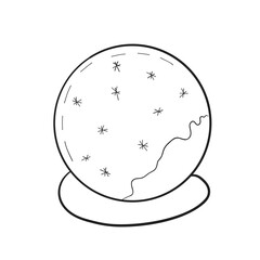 Traditional Christmas glass snow globe with snowflakes inside. Children's coloring page for the holiday. Magic crystal. Vector hand drawn illustration, black and white graphic