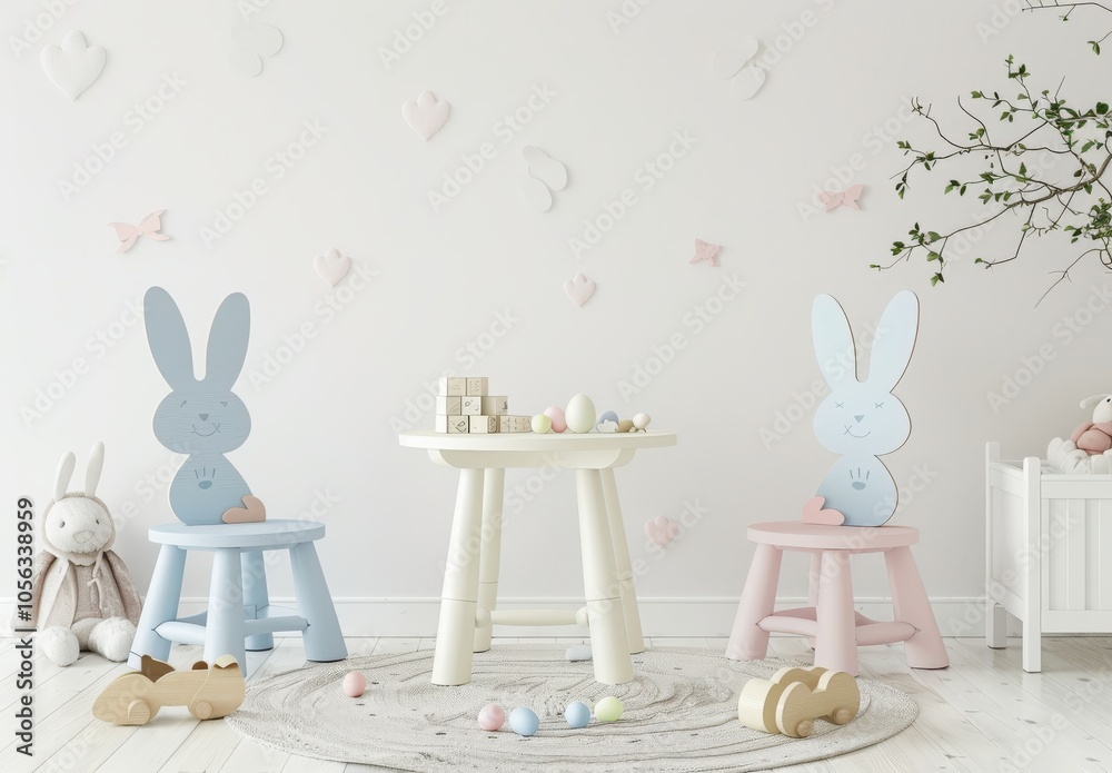 Wall mural a white room with a white table and two bunny chairs. a rug and toys on the floor. and a white wall 