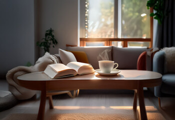 A cozy living room with a coffee table, a book, a cup of coffee, a couch, and a window letting in the morning sunlight.