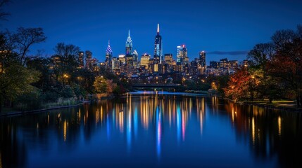 Obraz premium Scenic Night View of Philadelphia Skyline Reflected in Water