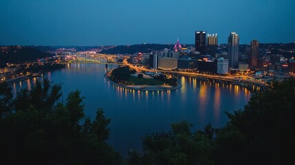 Naklejka premium Nighttime Cityscape of Pittsburgh Overlooking the River