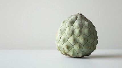 Fototapeta premium A ripe custard apple resting on a bright white background, showcasing its green, scaly skin and unique texture that invites curiosity