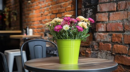 Vibrant Flower Pot on Wooden Table in Rustic Setting