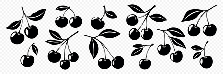 Cute Cartoon Silhouette Monochrome Cutout Cherry Icon Set. Single, Pair of Cherries and Cluster of Cherries with Leaves Clipart. Cherry Art, Design Template, Vector Illustration