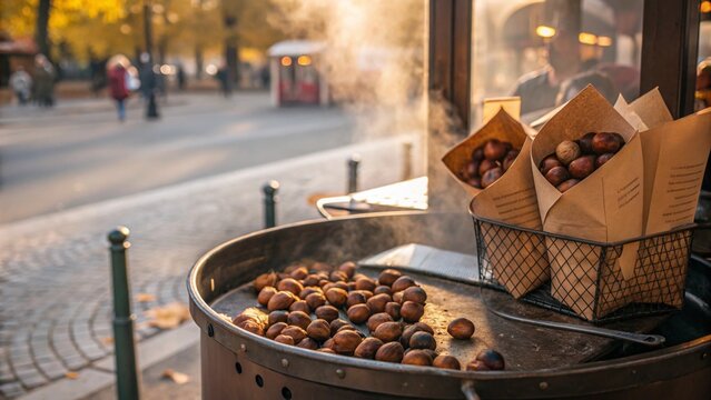 A street scene with steaming roasted chestnuts on a vendor's cart on a frosty autumn day. It is ideal for street food themes, the autumn season and the traditional atmosphere of the European market.