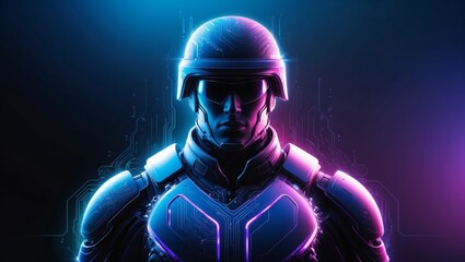 Futuristic 8K Digital Wallpaper with Abstract Soldier and Neon Circuitry Design in Electric Blue and Purple	