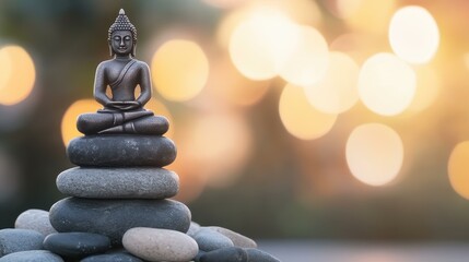 Obraz premium A serene Buddha statue rests atop a rocky pedestal, surrounded by a soft, blurred backdrop for a tranquil vibe.