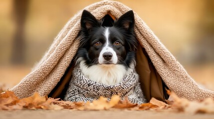 A cozy pup relaxes beside a tent, snuggly wrapped in a blanket, creating a perfect camping vibe...