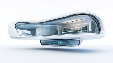 A sleek, future-inspired home with automated systems and transparent walls, floating above a white background, representing smart home innovation