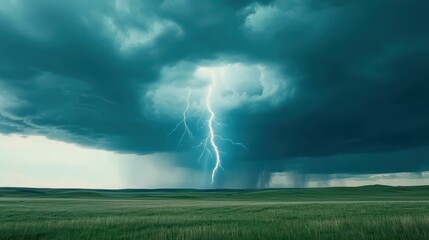 A stunning thunderstorm rolls over the vast prairie, with dark clouds creating a dramatic sky and blurred landscape beneath.