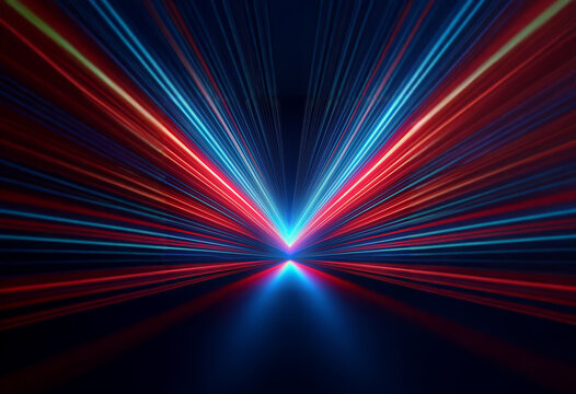 Abstract  image of red and blue light streaks converging at a vanishing point in the center, radiating outward.