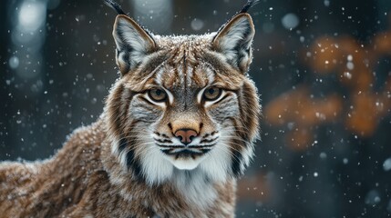 Obraz premium Capture the serene beauty of a majestic lynx in a tranquil winter forest scene, blanketed in snow.