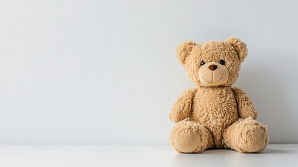 Obraz premium A small brown teddy bear sitting quietly on a clean white background, its soft fur and button eyes capturing the essence of childhood comfort