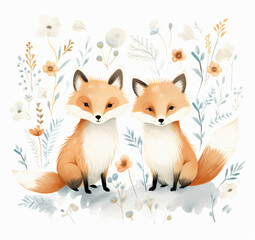 Fototapeta premium Beautiful two foxes delicate flowers,soft pastel color palette,nature,digital,illustration,home decor,animal,floral,nursery,print,wildflower,woodland,forest,sweet,nature,floral,design,cozy,soft,
