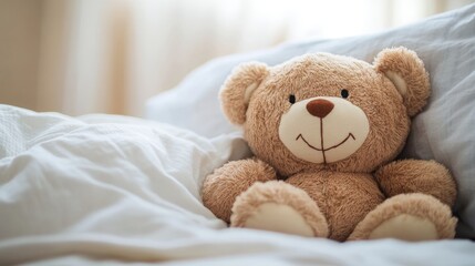 A small brown teddy bear with a stitched smile, resting peacefully on a bright, simple background, symbolizing warmth and innocence