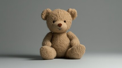 Obraz premium A small, cuddly brown teddy bear with a stitched nose, resting peacefully on a clean background, evoking a sense of calm and love