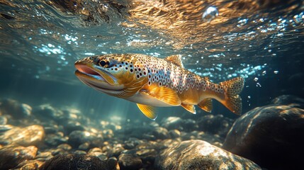 Underwater Photo of a Brown Trout Swimming in a Clear River with Sun Rays Filtering Through the Water

