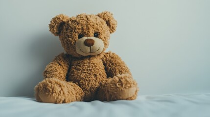 Obraz premium A small brown teddy bear with soft fur and stitched paws, resting on a pure, uncluttered background, a symbol of comfort and companionship