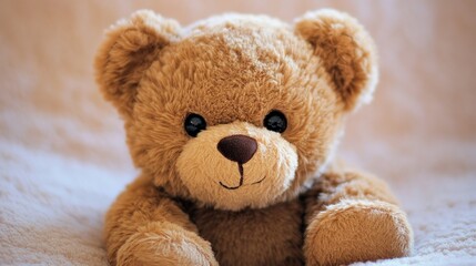 Obraz premium A small, plush brown teddy bear with a friendly face, resting quietly on a simple background, representing innocence and comfort