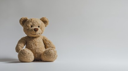 Obraz premium A small, well-loved brown teddy bear sitting quietly on a blank white backdrop, bringing feelings of childhood innocence and security