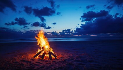 Naklejka premium Campfire on the Beach at Dusk