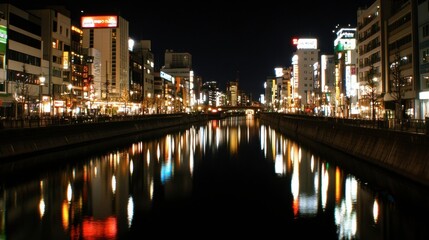 Obraz premium Vibrant Cityscape Reflected in Nighttime River