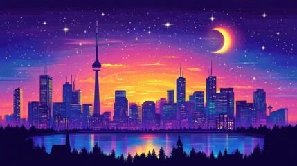 Vibrant Night Skyline with Stars and Moon