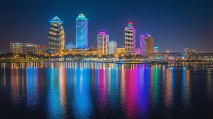 Obraz premium Vibrant City Skyline at Night with Colorful Reflections