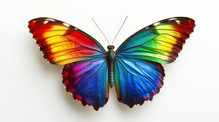 Obraz premium A striking rainbow butterfly with radiant, multicolored wings, gliding effortlessly on a pure white background